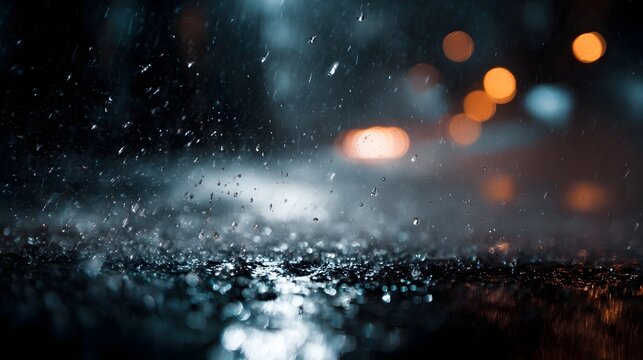 Raindrops falling on a wet city street at night with blurred orange and blue lights