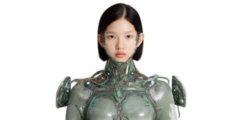 Asian woman cyborg with futuristic armor, bionic implants, and short black hair Concept of technology, science fiction, and artificial intelligence