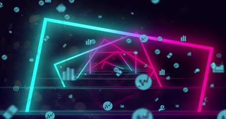 Beginning cyan magenta polygon nesting into void tunnel, data icons swirling representing network - Powered by Adobe