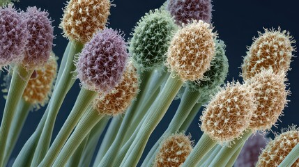 Close-up of fuzzy, colorful structures with slender stems against a dark blue background