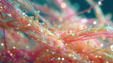 Close-up of interwoven strands with water droplets, pink and gold colors, bokeh background