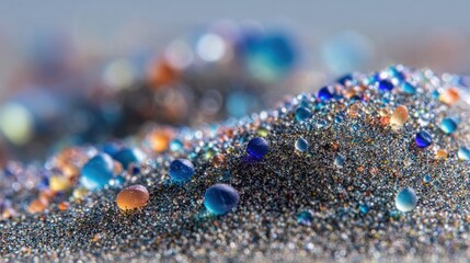 Close-up of sand grains and colorful glass beads, showing depth of field