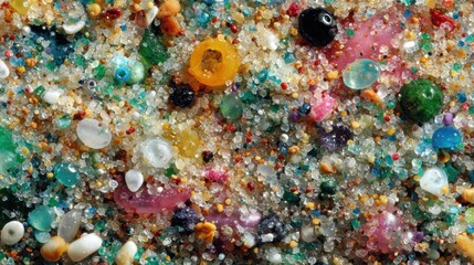 Close-up of multi-colored beads and granular material creating a vibrant, textured surface