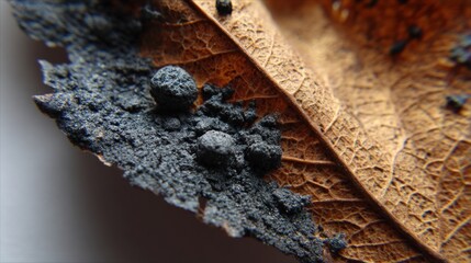 Close-up on a decaying leaf with grey granular matter, revealing intricate vein structure