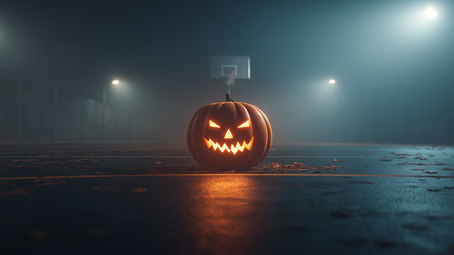 Eerie Jack-o'-lantern on a Foggy Basketball Court - Powered by Adobe