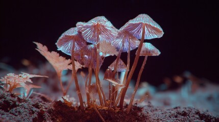 Cluster of luminescent mushrooms with translucent caps growing from the forest floor