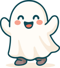 Cute cartoon ghost, cheerful Halloween character, smiling spooky figure, festive ghost vector, playful spirit illustration, child-friendly design, holiday clipart