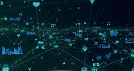 Opening on horizon, camera panning as network growing, icons appearing to visualize data landscape - Powered by Adobe