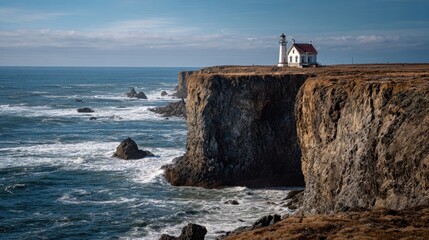 Coastal cliffs meet ocean with lighthouse structure against a blue sky backdrop
