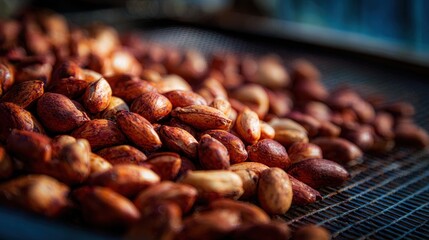 Cocoa beans drying on metal rack