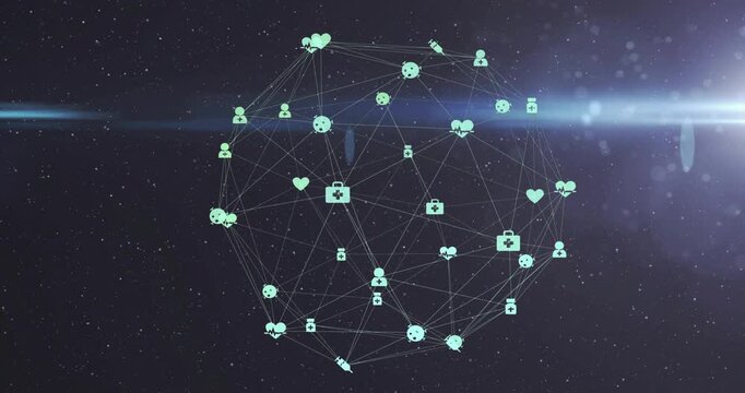 Sphere fading into view starting network rotating leftward revealing icon clusters with lens flare
