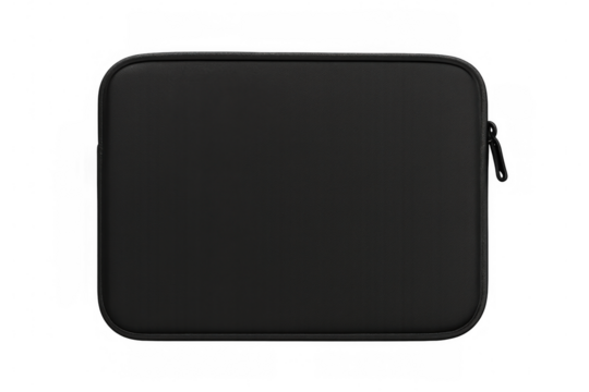 Black neoprene laptop sleeve with zipper closure providing device protection, isolated on transparent background