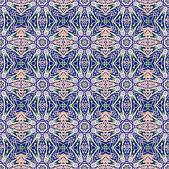 Textured, seamless kaleidoscope pattern in deep indigo and pastel pink. Complex geometric design with floral elements and a richly detailed, distressed textile or chalk art appearance.