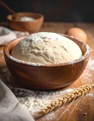 Fototapeta premium Close-up of dough rising in a wooden bowl with wheat and eggs