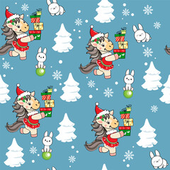 Christmas horses with gifts on a blue background seamless pattern. Chinese symbol 2026 new year. Zodiac animals vector illustration