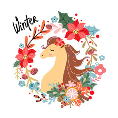 Christmas wreath with christmas horse. Chinese new year symbol 2026. Vector illustration zodiac animals preparation for the new year, winter holidays