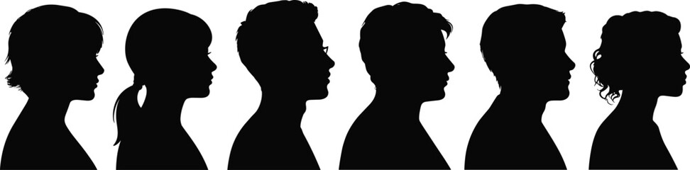 Human profile silhouettes, diverse faces, side view, black vector illustration, flat design, gender mix, minimal style, identity concept