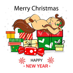 Cute new year horse with gift boxes. Chinese symbol 2026. Vector cartoon illustration zodiac animals