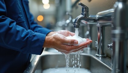 Factory worker demonstrates correct handwashing protocol at sanitation station. Focus on hygiene, workplace safety ensuring responsible occupational health. Image highlights crucial preventative