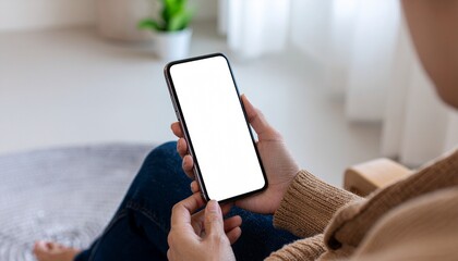 Woman Holding a Smartphone with Blank White Screen in Her Hands - Mockup Template