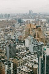 Obraz premium View of a bustling city skyline with diverse buildings and a river in the background during a cloudy day