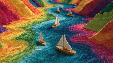 Colorful river landscape with sailing boats