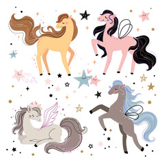Cute set with colorful horses and stars in boho style. Baby shower or poster for nursery or kids room,T-shirt design. Vector illustration zodiac animals