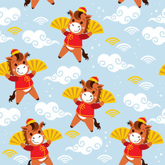 Happy chinese new year horses on a blue background seamless pattern. Chinese symbol 2026 year. Vector illustration cartoon zodiac animals