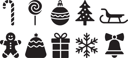 Naklejka premium Simple Black Christmas Icons Candy Cane, Lollipop, Ornament, Tree, Sleigh, Gingerbread, Gift, Snowflake, Bell
