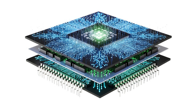 Floating electronic chip, glowing circuits