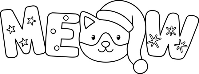 Christmas Cat “MEOW” Text outline vector. Holiday Pet Typography  coloring page and template.. Transparent background. SVG.  © 素真 莊