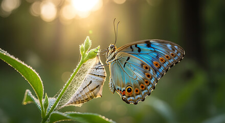 Butterfly emerging from cocoon under soft sunlight, symbol of personal transformation and rebirth