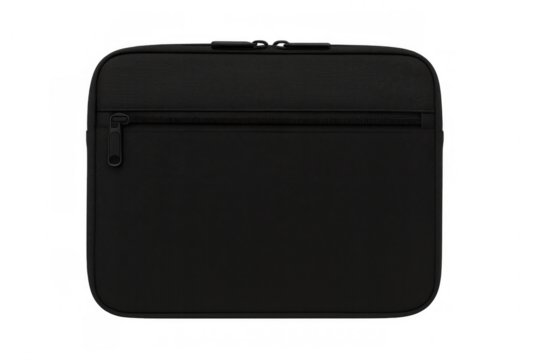 Black laptop sleeve providing protection for a tablet or notebook, featuring a zippered pocket, transparent background