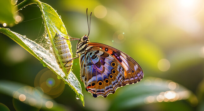 Butterfly emerging from cocoon under soft sunlight, symbol of personal transformation and rebirth