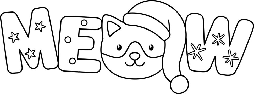 Christmas Cat &ldquo;MEOW&rdquo; Text outline vector.
Holiday Pet Typography  coloring page and template..
Transparent background. SVG.
