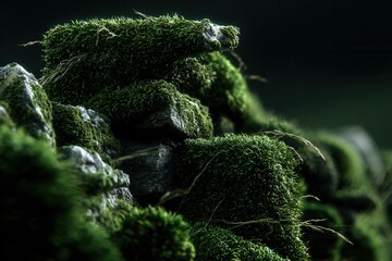 Closeup of a moss-covered stone on a damp hiking path