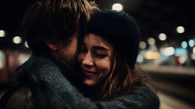 A couple shares a joyful embrace on a train station platform at night marking a reunion - Powered by Adobe