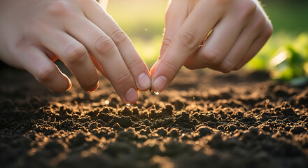 Close-up of hands planting seeds in fertile soil with sunlight