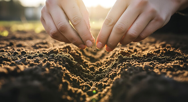 Close-up of hands planting seeds in fertile soil with sunlight - Powered by Adobe