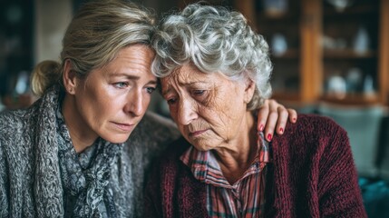 Aging mother anxiety and daughter assisting during mental health issues care and cognitive decline at home Older mom distress and daughter with understanding for retirement deb