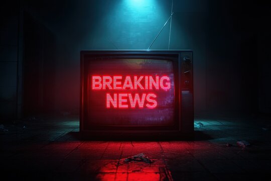 Retro television with "BREAKING NEWS" written in red pixel font on the screen standing in a dark abandoned room lit by dramatic blue and red light