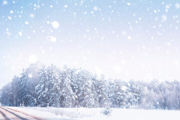 Road in a winter forest covered with snow. Heavy snowfall.