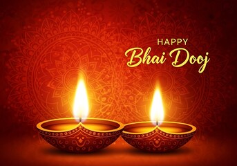 Beautiful Bhai Dooj Greeting Illustration Featuring Glowing Diyas and Intricate Mandala Art Radiant Warm Colors Representing Love Between Siblings Perfect for Festive Posters Cards and Digital Designs