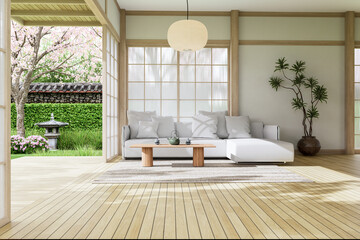Japanese minimalist living room interior with shoji doors and cherry blossom garden view 3D render