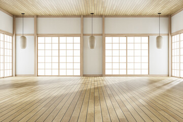 Japanese minimalist empty room interior with wide space and shoji sliding doors 3D render