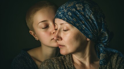 Mother embraces and comforts her despairing daughter battling cancer family solidarity