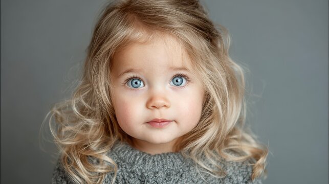 blind infant with blue eyes and blonde hair against a gray backdrop