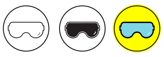 Safety goggles icon set. Protective glass icons for industrial and workplace safety. Vector illustration for eyewear, eye guard, safety glasses and specs symbol- line, silhouette coloured (Isolated)