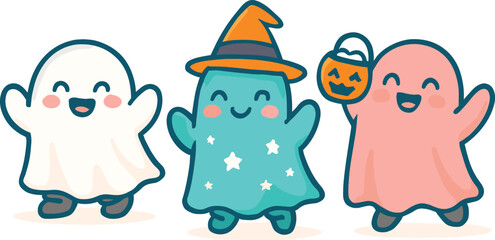 Halloween ghost trio, cute cartoon spirits, festive costume illustration, trick-or-treat vector, playful spooky characters, cheerful ghost design, holiday clipart