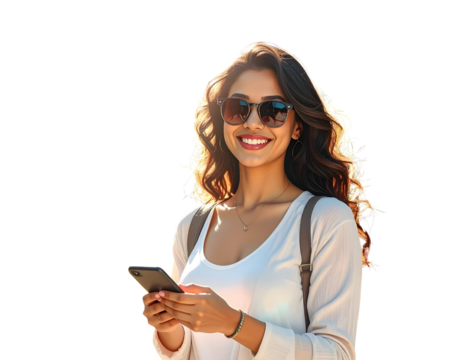 Casual Woman Browsing Phone Outdoors in Sunshine - Powered by Adobe